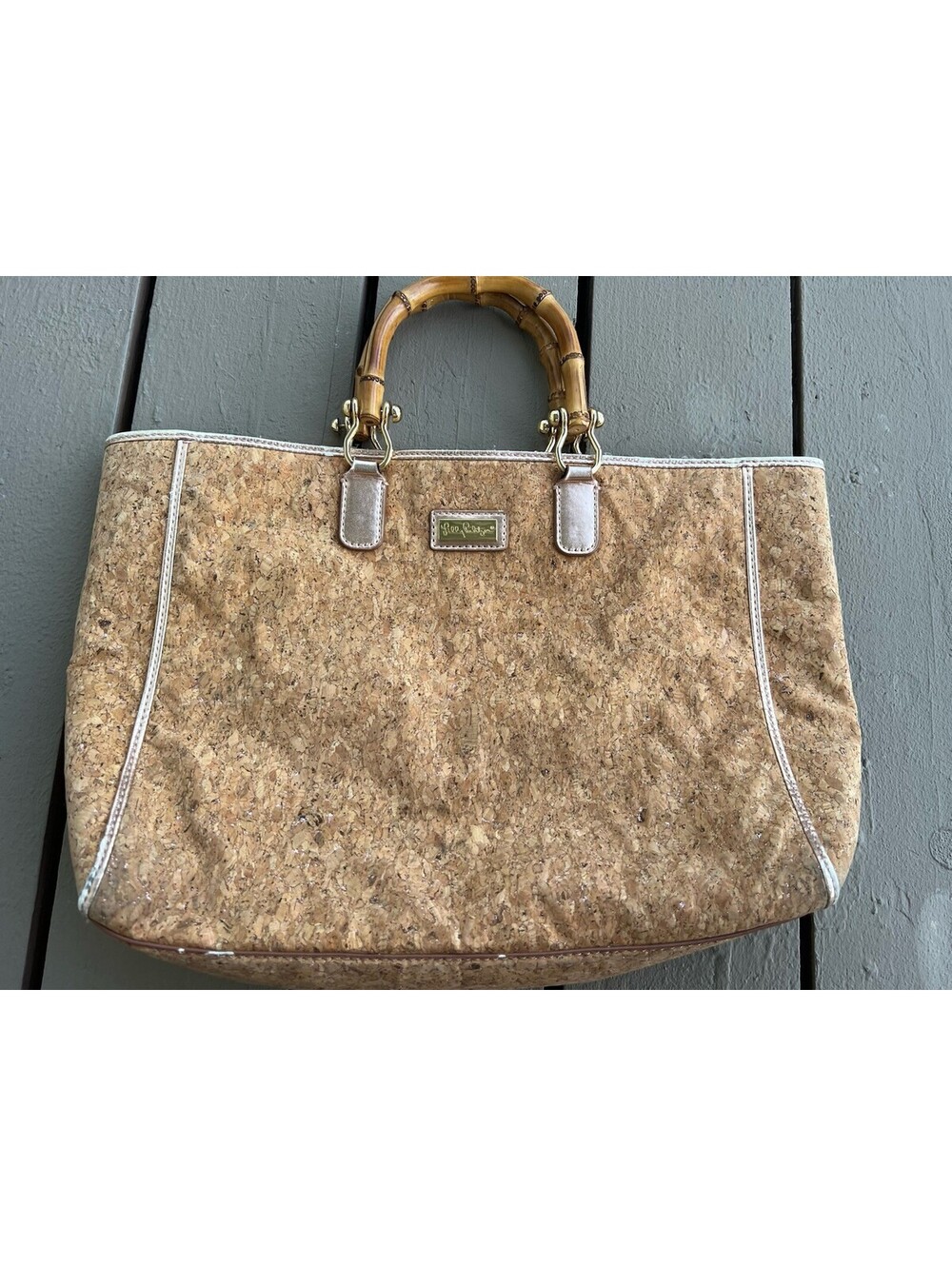 SugarTown by Lilly Pulitzer Cork Bamboo Handle Tote Bag Metallic Rose Gold